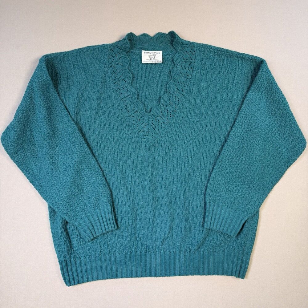 Vtg 70s College Point Sweater Women's M/L Teal Textured Lace Collar Made In USA